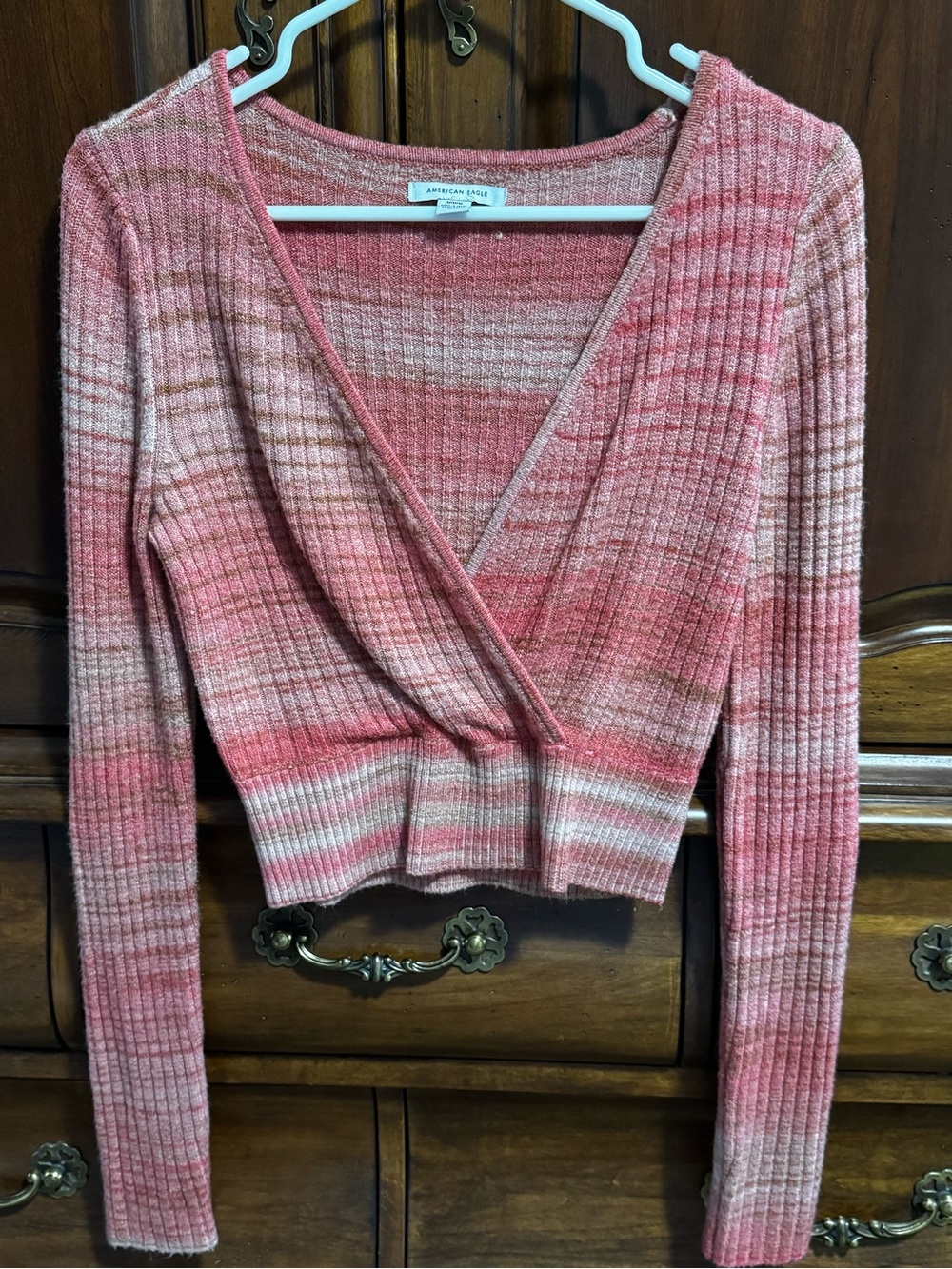 American Eagle Outfitters Rose Ombre Ribbed Wrap V-Neck Sweater